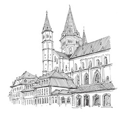 Travel sketch illustration of the Mainz Old Town, Germany. Sketchy line art drawing with a pen on paper. Hand-drawn old town. Urban sketch in black color on white background. Freehand drawing.