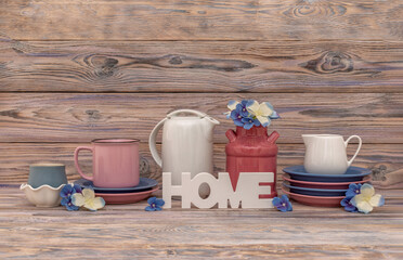 Set of ceramic cookware blue and pink. A plate, a cup, a jug and a vase of flowers. The letters are...