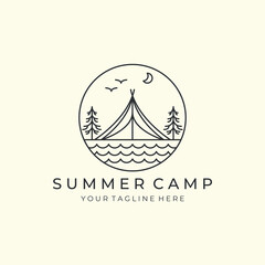 camp with linear and emblem style logo vector illustration. tent, adventure icon template design