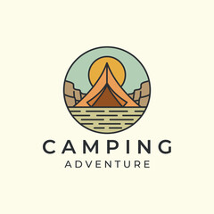 camping with vintage color logo vector illustration. tent, mountain adventure icon template design