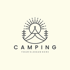 camping with line art style logo vector illustration. tent, sun, tree adventure icon template design © SD22