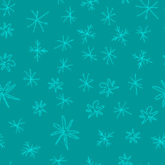 Hand Drawn Snowflakes Christmas Seamless Pattern. Subtle Flying Snow Flakes on chalk snowflakes Background. Adorable chalk handdrawn snow overlay. Great holiday season decoration.
