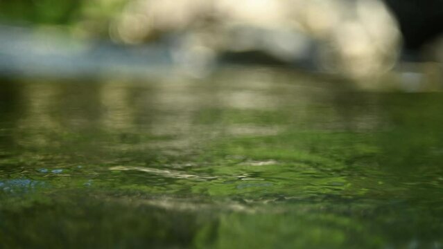 Green water in a natural pool of a mountain river with burry stones in the background (slow motion, bokeh)