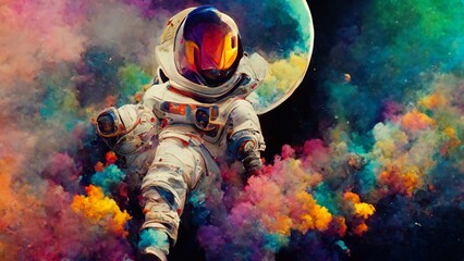 astronaut in space colorful backgroung 