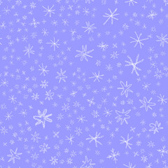 Hand Drawn Snowflakes Christmas Seamless Pattern. Subtle Flying Snow Flakes on chalk snowflakes Background. Awesome chalk handdrawn snow overlay. Modern holiday season decoration.