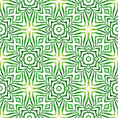 Textile ready rare print, swimwear fabric, wallpaper, wrapping. Green awesome boho chic summer design. Tiled watercolor background. Hand painted tiled watercolor border.