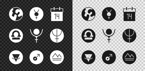 Set Earth globe, Symbol Mercury, Calendar, element, Mars symbol, Libra zodiac and Pluto icon. Vector © Vadim