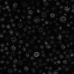 Hand Drawn Snowflakes Christmas Seamless Pattern. Subtle Flying Snow Flakes on chalk snowflakes Background. Authentic chalk handdrawn snow overlay. Majestic holiday season decoration.