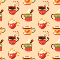 Seamless autumn pattern with hot coffee, cacao with marshmallows and berries. Warm hygge aesthetics. Food illustration. Cute colorful background. Flat cartoon hand-drawn style