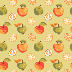 Seamless pattern with apples and citrus slices. Warm hygge aesthetics. Thanksgiving day. Cute colorful harvest background. Flat cartoon hand-drawn style