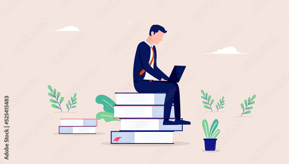 Poster learning business - businessman person sitting on books with laptop studying and educating himself. 
