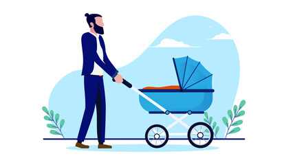 Dad walking with baby pram - Vector illustration of father with paternity leave out on a walk with stroller in flat design with white background - obrazy, fototapety, plakaty