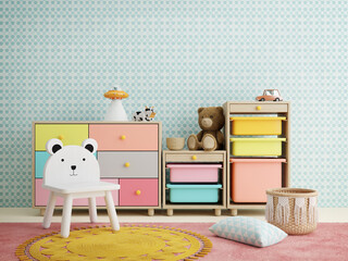 Pastel room for kid.Chair,drawer,shelf and cute stuff.3d rendering
