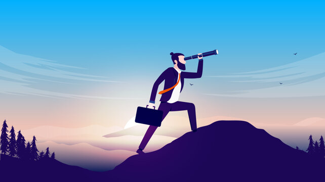 Job search - Business man looking and searching for career opportunities with binocular in landscape early morning. Vector illustration