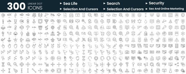 Set of 300 thin line icons set. In this bundle include sea life, search, security, selection and cursors, seo and online marketing
