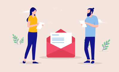 Communication work - Two people, man and woman standing with email envelope working. Flat design vector illustration