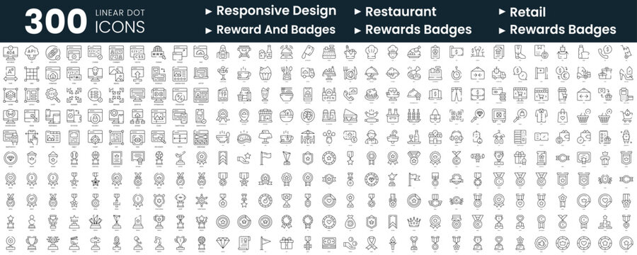 Set Of 300 Thin Line Icons Set. In This Bundle Include Responsive Design, Restaurant, Retail, Reward And Badges, Rewards Badges