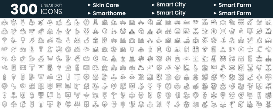 Set of 300 thin line icons set. In this bundle include skin care, smart city, smart farm, smart home