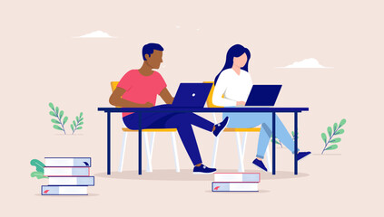Students gaining knowledge - Two people studying and learning with books and computer sitting at desk in school. Education concept, flat design vector illustration