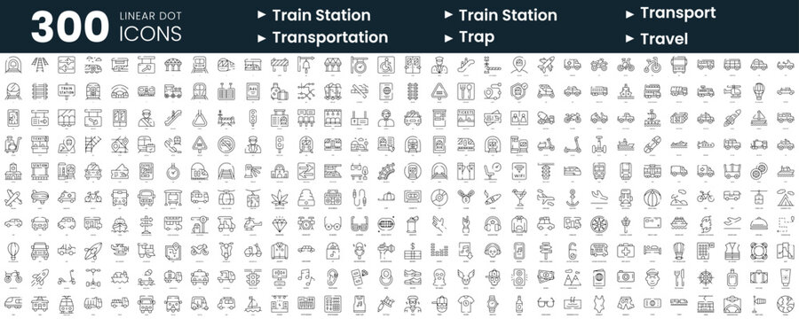 Set of 300 thin line icons set. In this bundle include train station, transportation, trap, travel