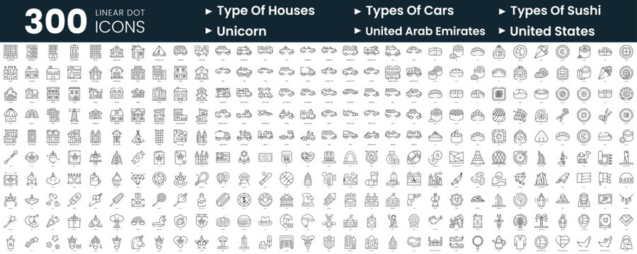 Set of 300 thin line icons set. In this bundle include type of houses, types of cars, types of sushi, unicorn, united states, united arab emirates