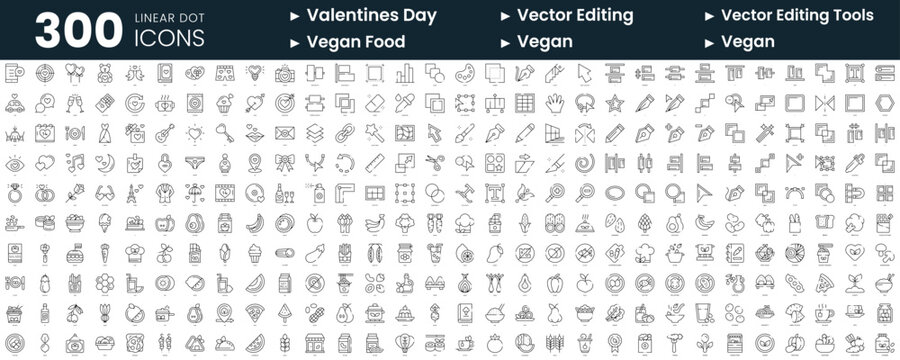 Set of 300 thin line icons set. In this bundle include valentines day, vector editing, vector editing tools, vegan food, vegan
