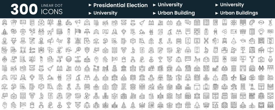 Set of 300 thin line icons set. In this bundle include united states presidential election, university, urban building