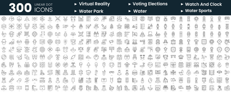 Set of 300 thin line icons set. In this bundle include virtual reality, voting elections, watch and clock, water park, water