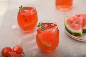 Watermelon cocktail with lemon and mint. Refreshing lemonade close up