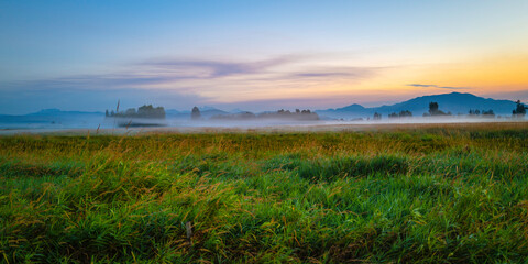 Fototapeta na wymiar Sunrise over the foggy farmland in British Columbia, Canada 