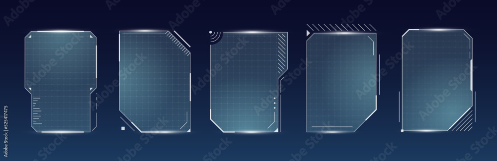 Poster hud digital futuristic user interface square vertical frame set. sci fi high tech screens. game menu