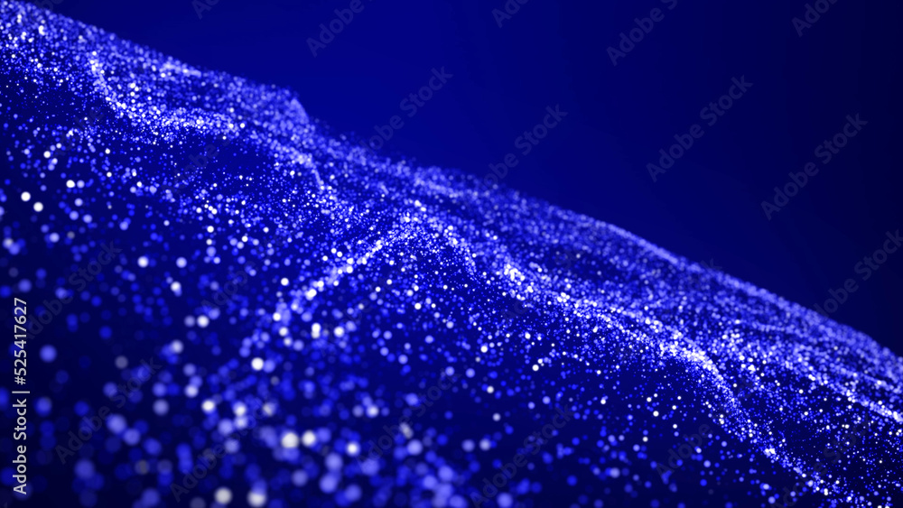 Poster abstract bg with blue magic glitters fly in air and form beautiful swirls. sparkles float in viscous