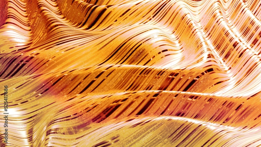 Poster abstract background with wavy sparkling golden liquid pattern on shiny glossy surface. viscous yello