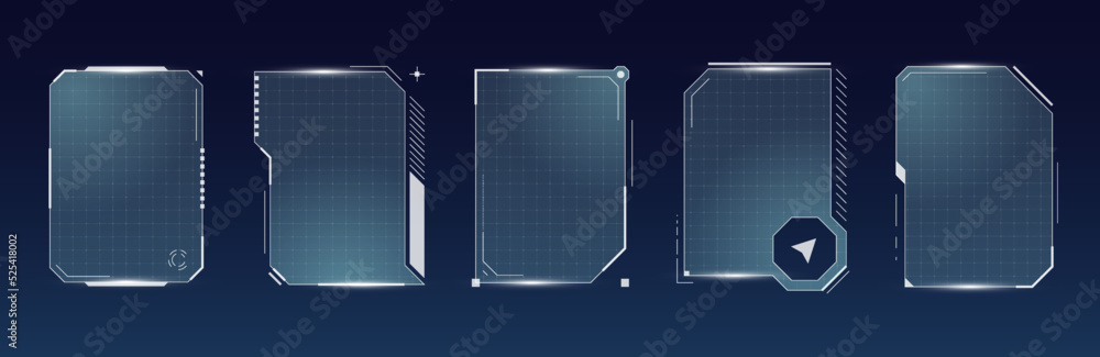 Fototapete HUD digital futuristic user interface square frame set. Sci Fi high tech screens. Game menu touching cyber monitoring dashboard panels. Cyberspace head-up display GUI or FUI information signs. Vector