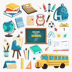 Fototapeta premium Welcome back to school collection of elements. Big set of school supplies and subjects: school bus, backpack, brushes, school board, pencil, notebook, books, etc. Vector illustration in cartoon style.