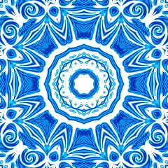 Blue white watercolor azulejos tile background. Seamless coastal geometric floral mosaic effect. Ornamental arabesque all over summer fashion damask repeat