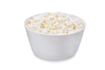 Cottage cheese in a bowl on a white isolated background