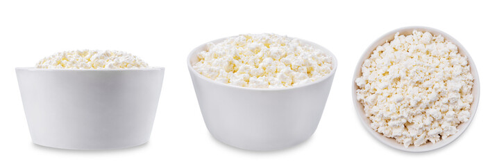 Cottage cheese in a bowl on a white isolated background