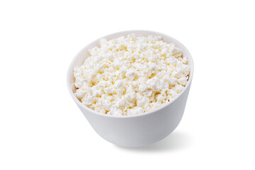 Cottage cheese in a bowl on a white isolated background