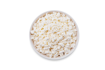 Cottage cheese in a bowl on a white isolated background