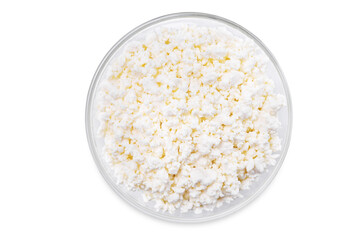 Cottage cheese in a bowl on a white isolated background