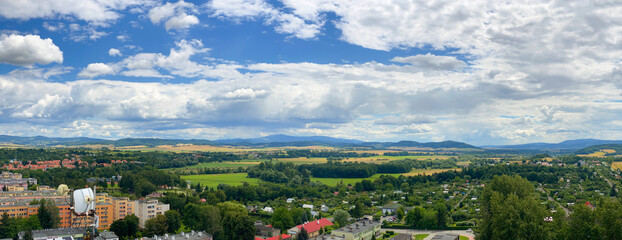 Summer landscape, fields and mountains from above, Poland. Klodzko