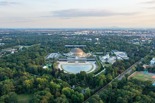 Aerial view of the historic building of the Centenary Hall, Wroclaw, Poland