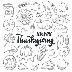 set of thanksgiving sketched doodles isolated on white background. good for posters, coloring pages, cards, etc. EPS 10