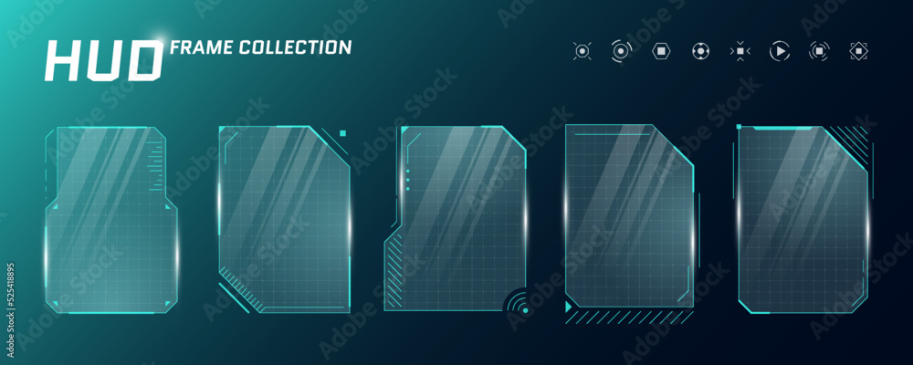 Poster hud digital futuristic user interface square vertical frame set. sci fi high tech screens. game menu