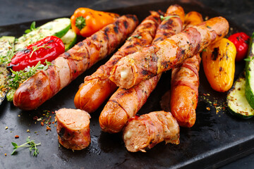 Traditionelle gegrillte Berner Bratwurst mit Grillgemüse serviert auf einem alten rustikalen Board 