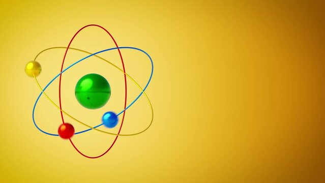 Close-up of a spinning atom on orange gradient background and copy space. 3d rendering of infinite loop of subatomic particles rotating around the nucleus and physical sciences of nuclear energy.