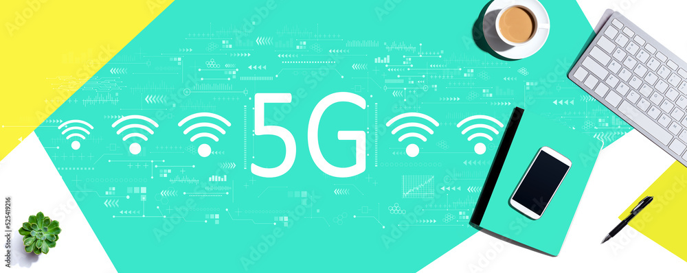 Poster 5g network with computer keyboard and office items