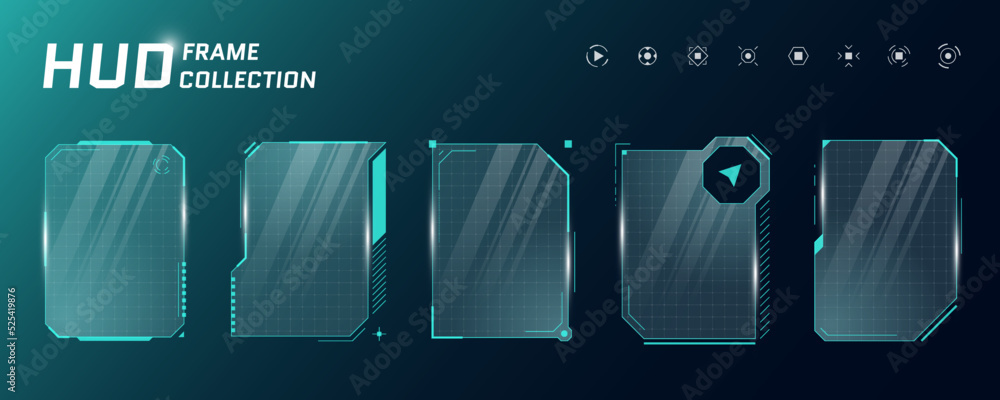 Poster hud digital futuristic user interface square vertical frame set. sci fi high tech screens. game menu
