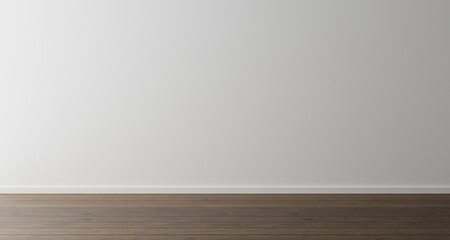 Empty room with a white wall and wood floor. Minimal room background.